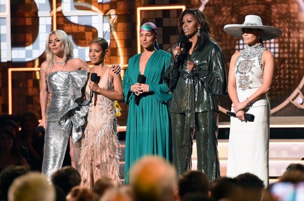 Lady Gaga, Jada Pinkett Smith, Alicia Keys, Michelle Obama y Jennifer Lopez  (AFP)