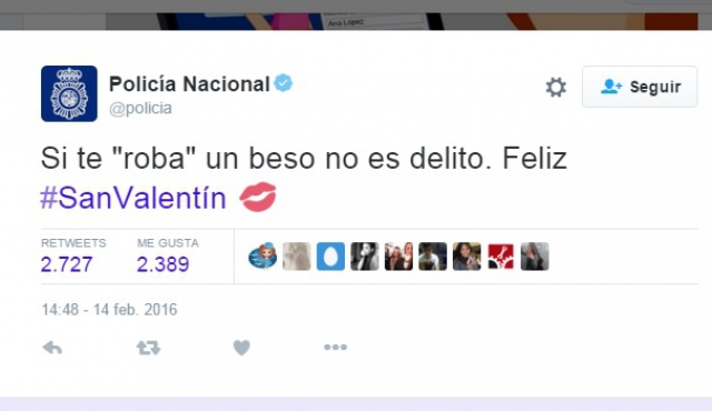 Policía española cuestionada por tweet sobre besos “robados”